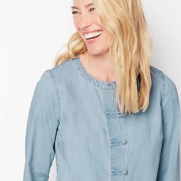 J. Jill Petite Denim Knot Button Long Sleeve Blouse Clarity Wash Petite XSP - Picture 3 of 12